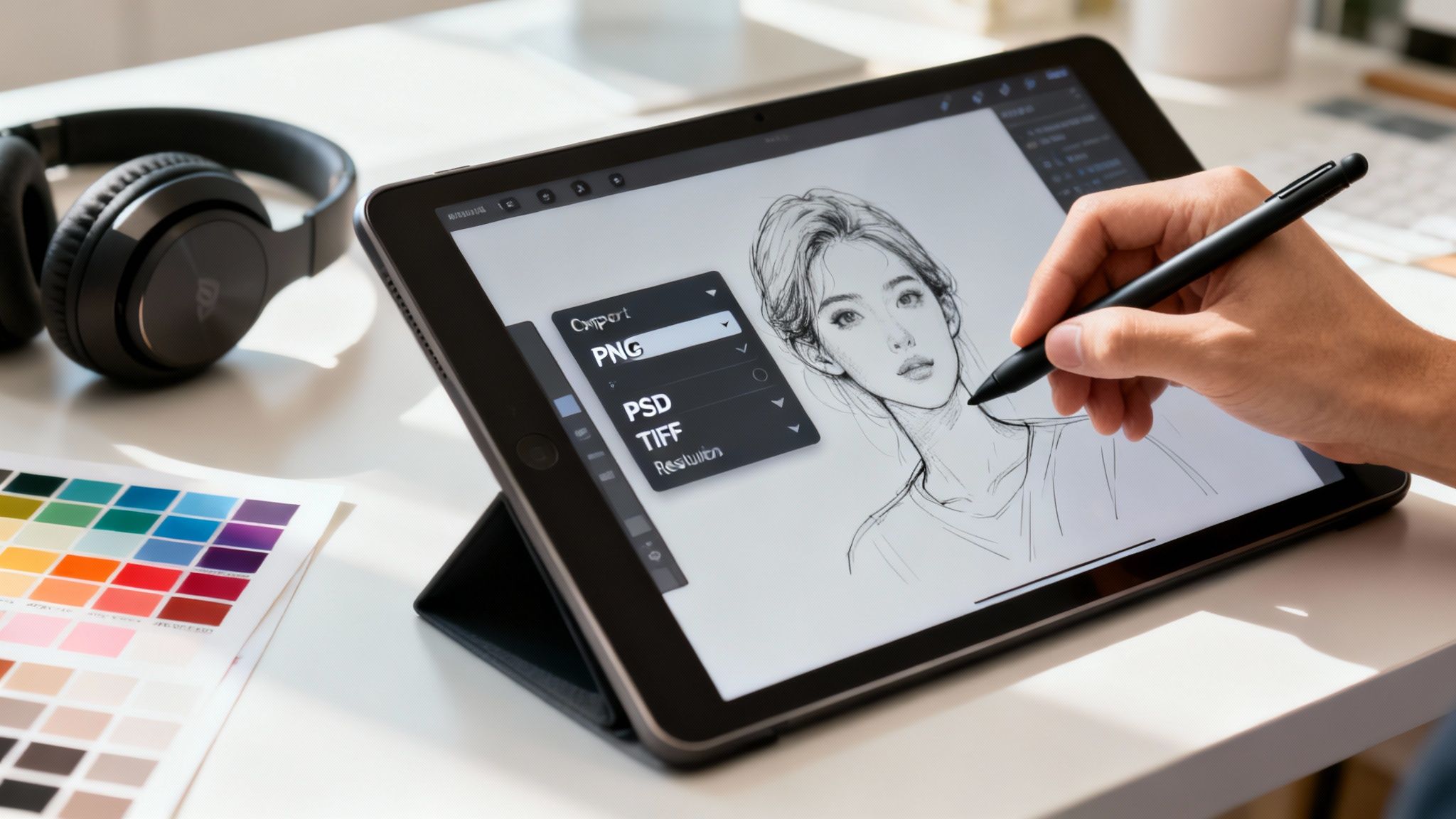 Person sketching a portrait on a digital tablet with a stylus, next to headphones and color swatches.