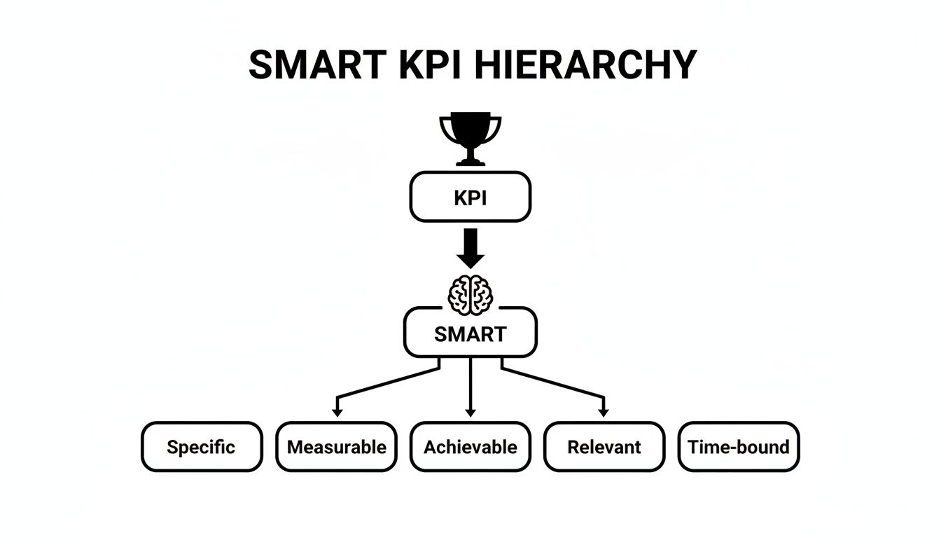Flowchart showing SMART KPI hierarchy: Specific, Measurable, Achievable, Relevant, and Time-bound.