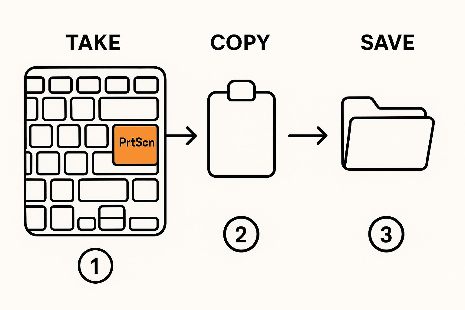 Infographic of a PC keyboard with the Print Screen (PrtScn) key highlighted, showing icons for copying to clipboard and saving to a folder.