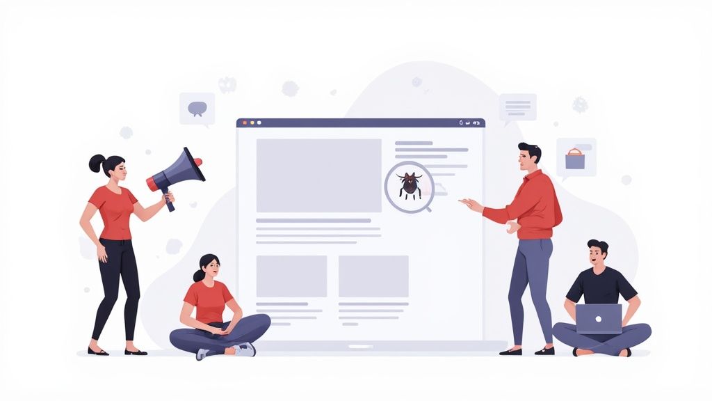 A digital illustration showing a camera lens focusing on a web page, symbolizing the act of taking a website snapshot.