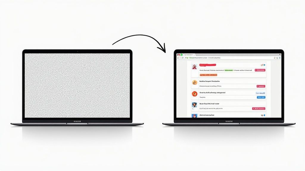 A designer using a Mac to edit a screenshot, with various annotation tools visible on the screen.