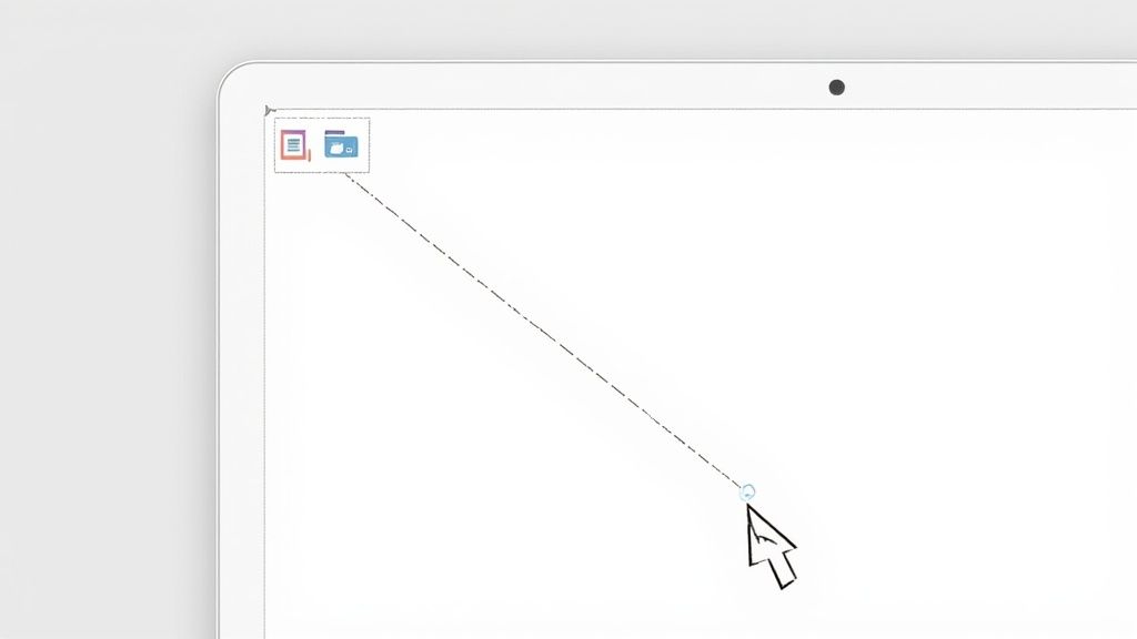 A stylish desk setup featuring a Mac computer displaying a colorful interface, illustrating a creative workspace.