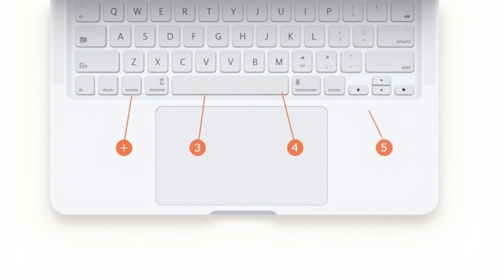 An illustration showing various macOS keyboard shortcuts, highlighting the Command, Shift, and other modifier keys.