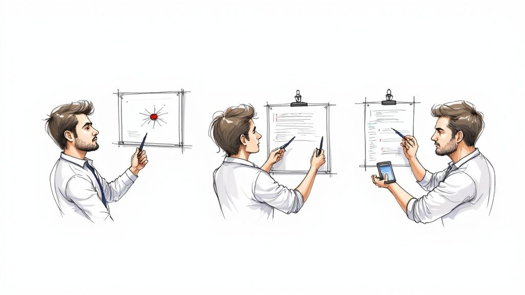 Professionals collaborating using screenshots on a large screen.