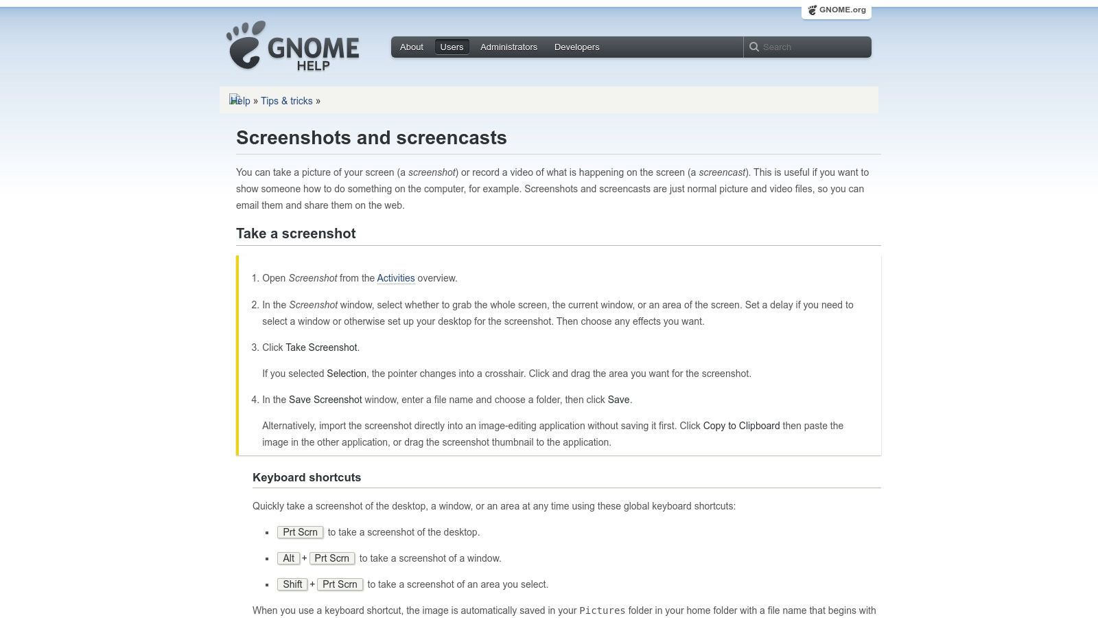 GNOME Built-in Screenshot
