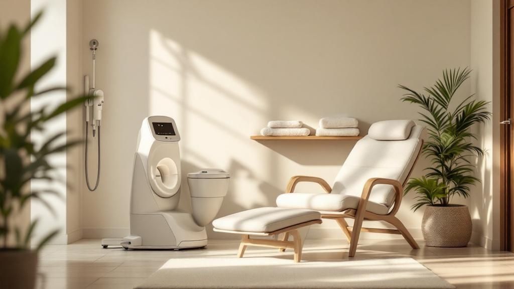 A woman in a white robe relaxing in a serene wellness center setting.
