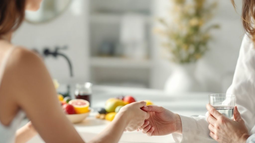 A therapist's hands gently massaging a client's abdomen during a colonic treatment