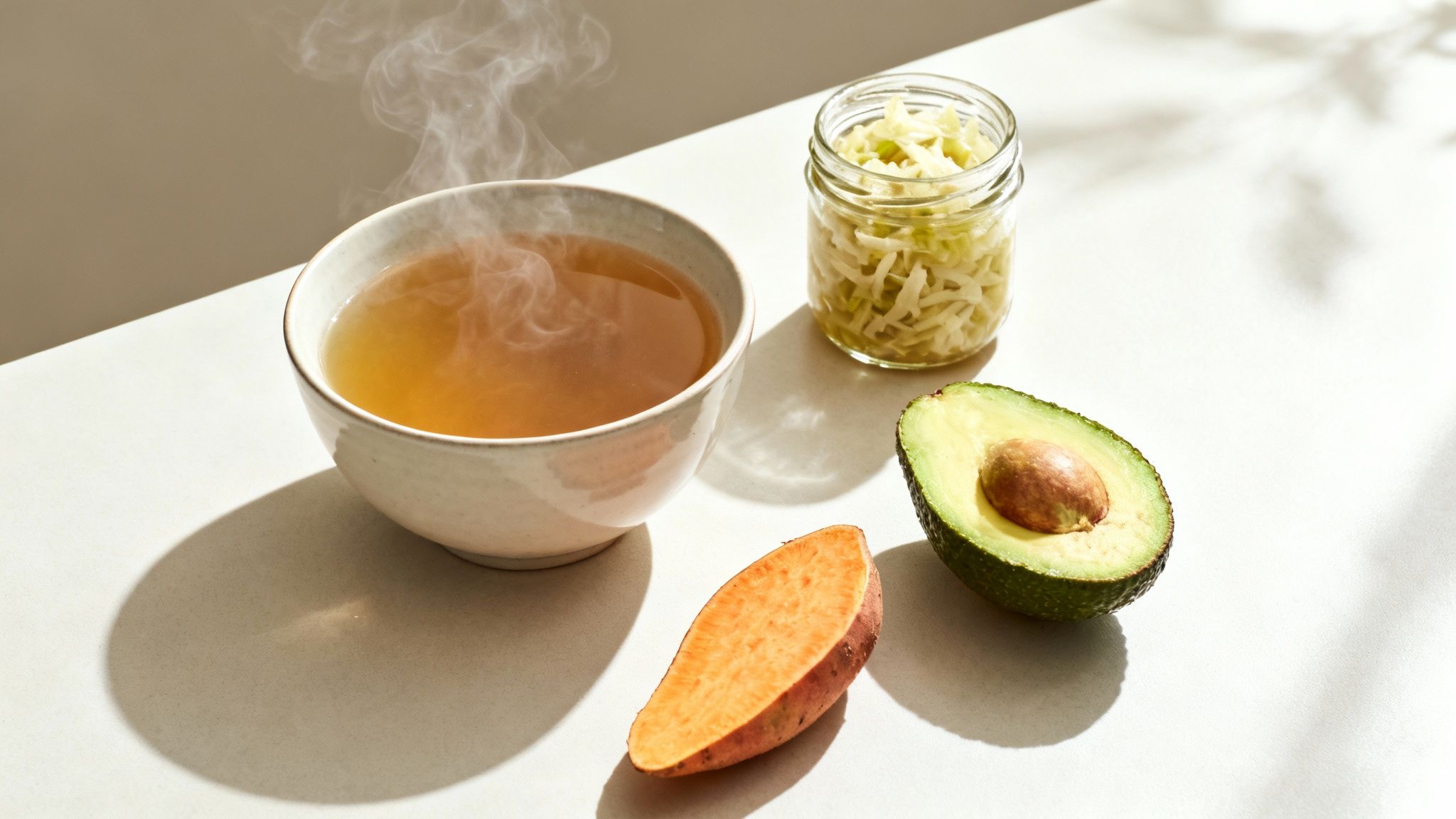 A variety of colorful, healthy foods like salmon, avocado, leafy greens, and berries arranged on a wooden table, representing a gut-healing nutrition plan.