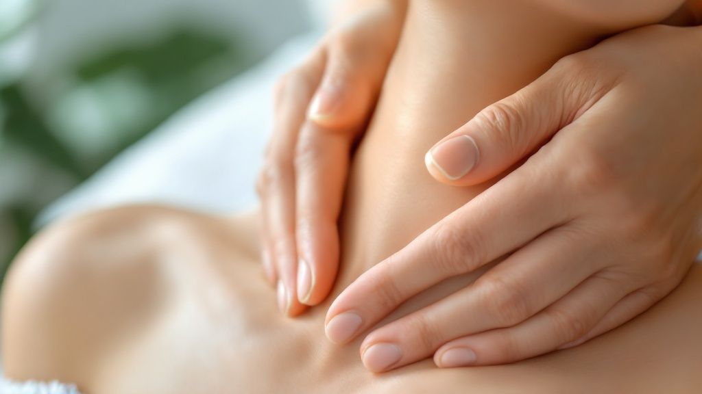 A close-up of a therapist's hands performing a gentle, rhythmic massage on a client's arm.