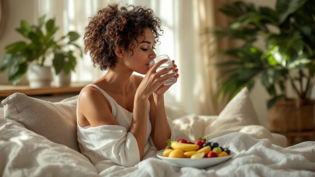 A person holding a nourishing green smoothie, symbolizing gentle post-therapy nutrition.