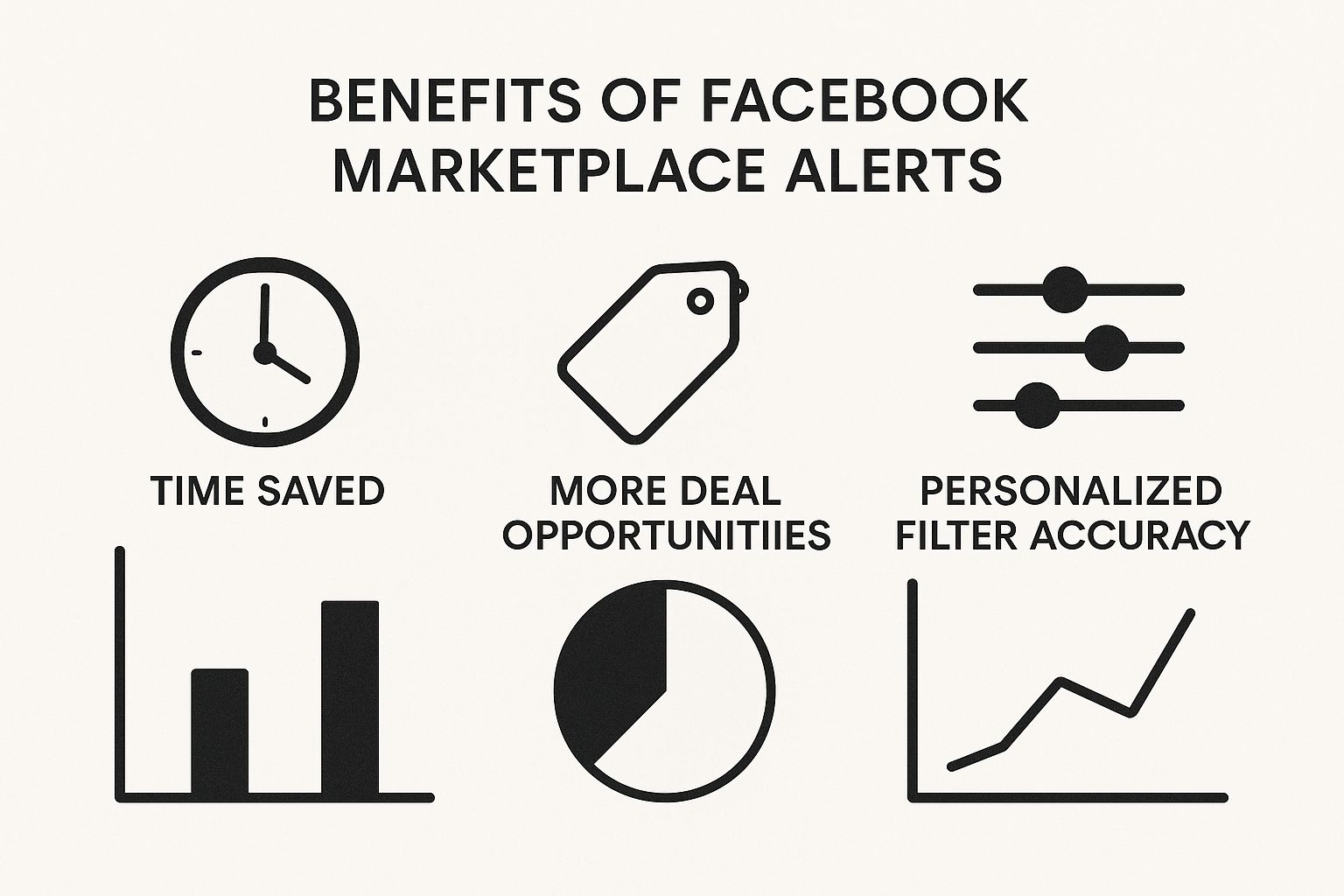 An infographic showing the benefits of Facebook Marketplace alerts, including saving time, finding more deals, and improving filter accuracy.