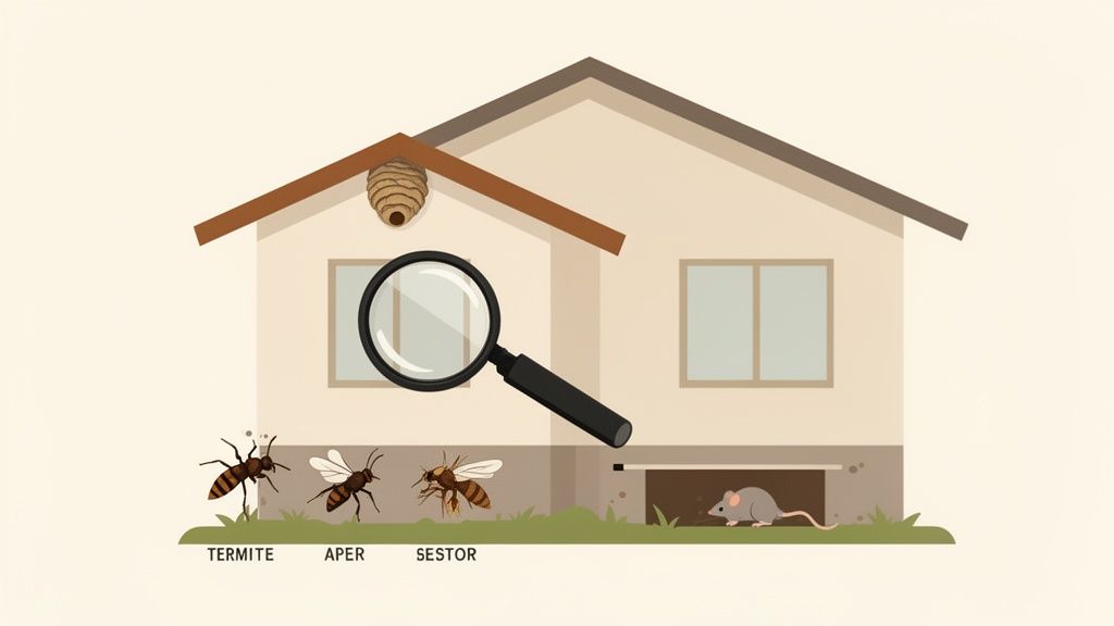 An illustration of a house with common pests like termites, wasps, and a mouse, being inspected with a magnifying glass.
