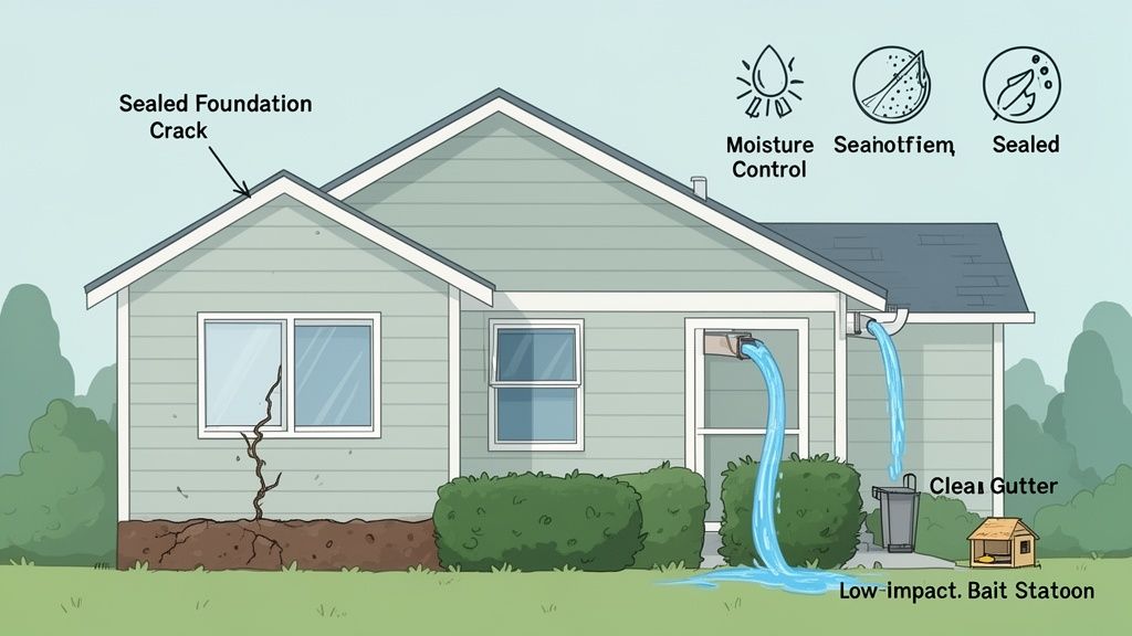 A diagram illustrates home maintenance, showing sealed foundation cracks, moisture control, and a low-impact bait station.