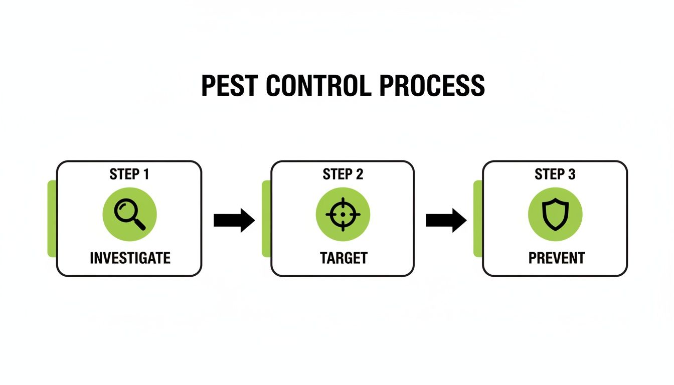 A simple diagram illustrating a three-step pest control process: investigate, target, and prevent.