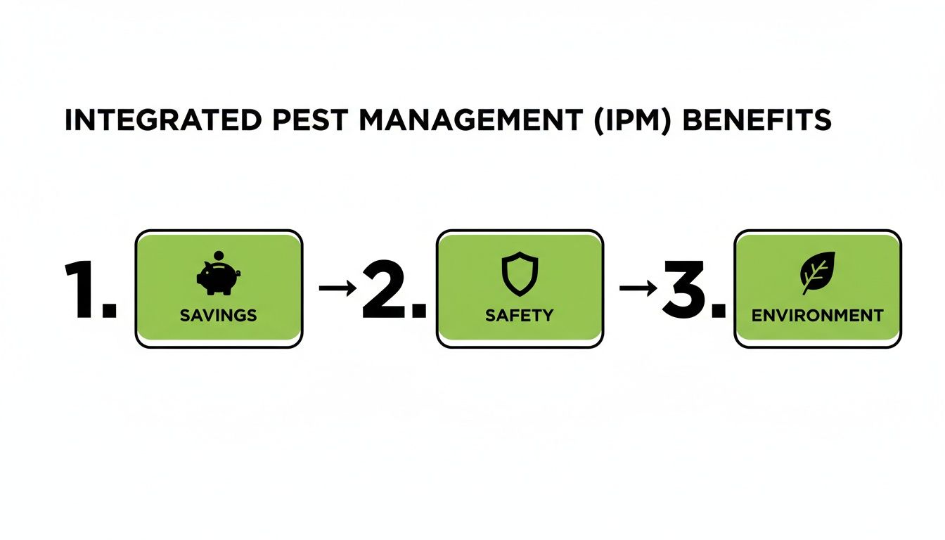 Diagram illustrating Integrated Pest Management (IPM) benefits: savings, safety, and environmental protection.