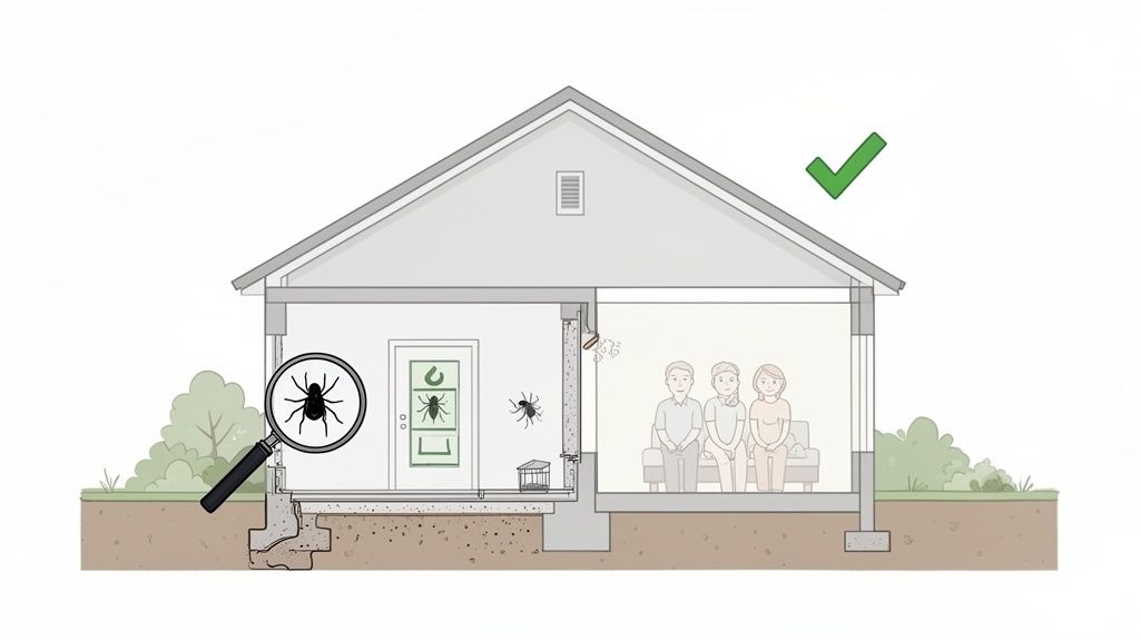 A cross-section of a home with a magnifying glass revealing spiders and a family inside, indicating pest control.