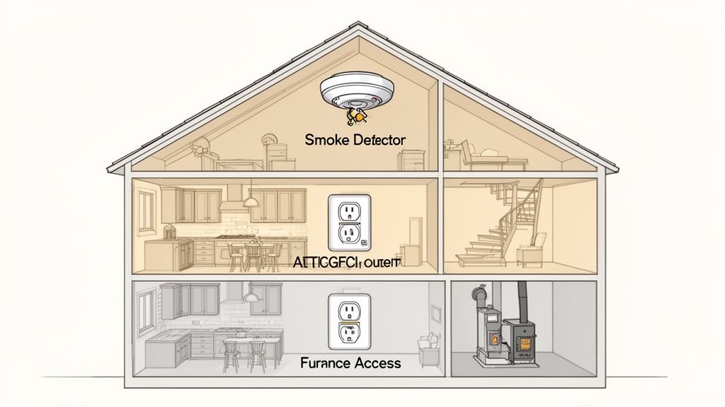 A detailed diagram of a house's interior, highlighting key electrical and safety components like smoke detector and GFCI outlets.