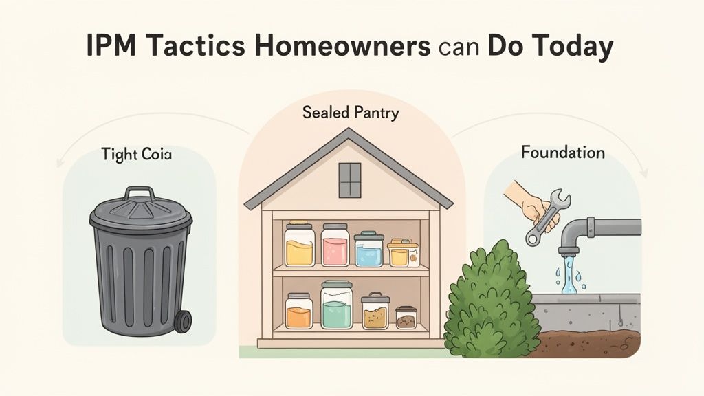 Illustrates three homeowner IPM tactics: securing trash, sealing pantry food, and fixing a leaky foundation.