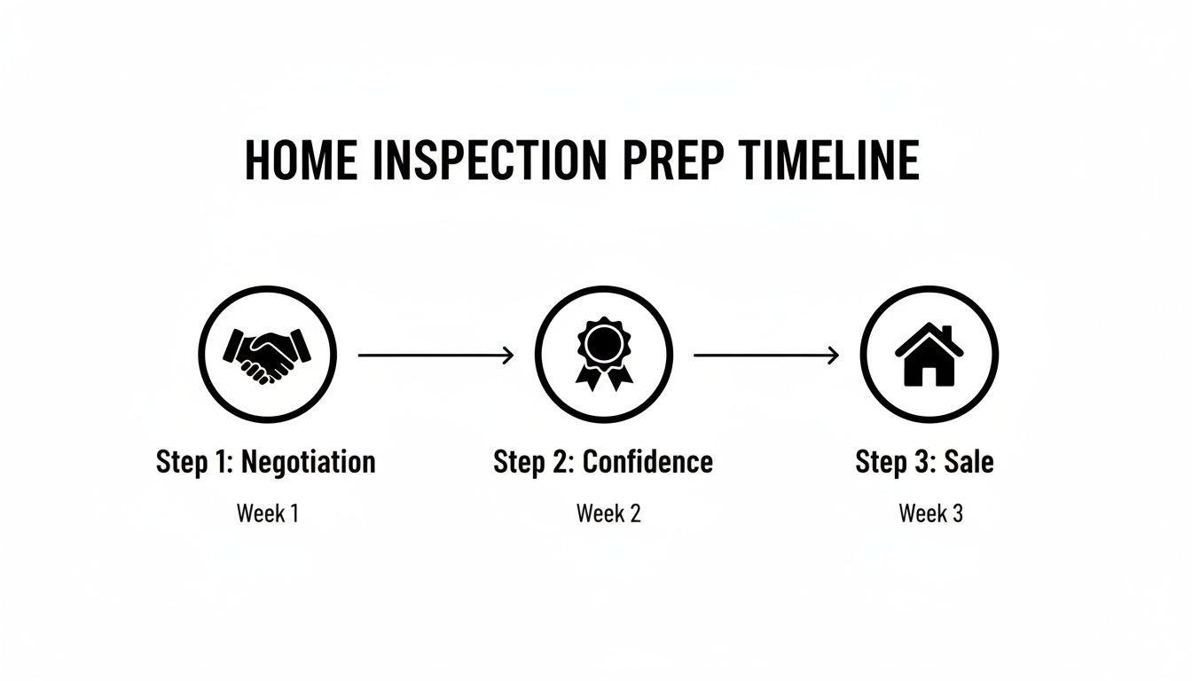 A home inspection prep timeline with three steps: Negotiation, Confidence, and Sale over three weeks.