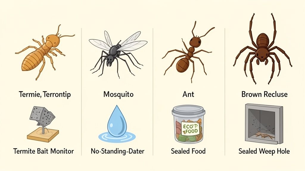 Illustrations of four common pests: termite, mosquito, ant, brown recluse, with their prevention methods.