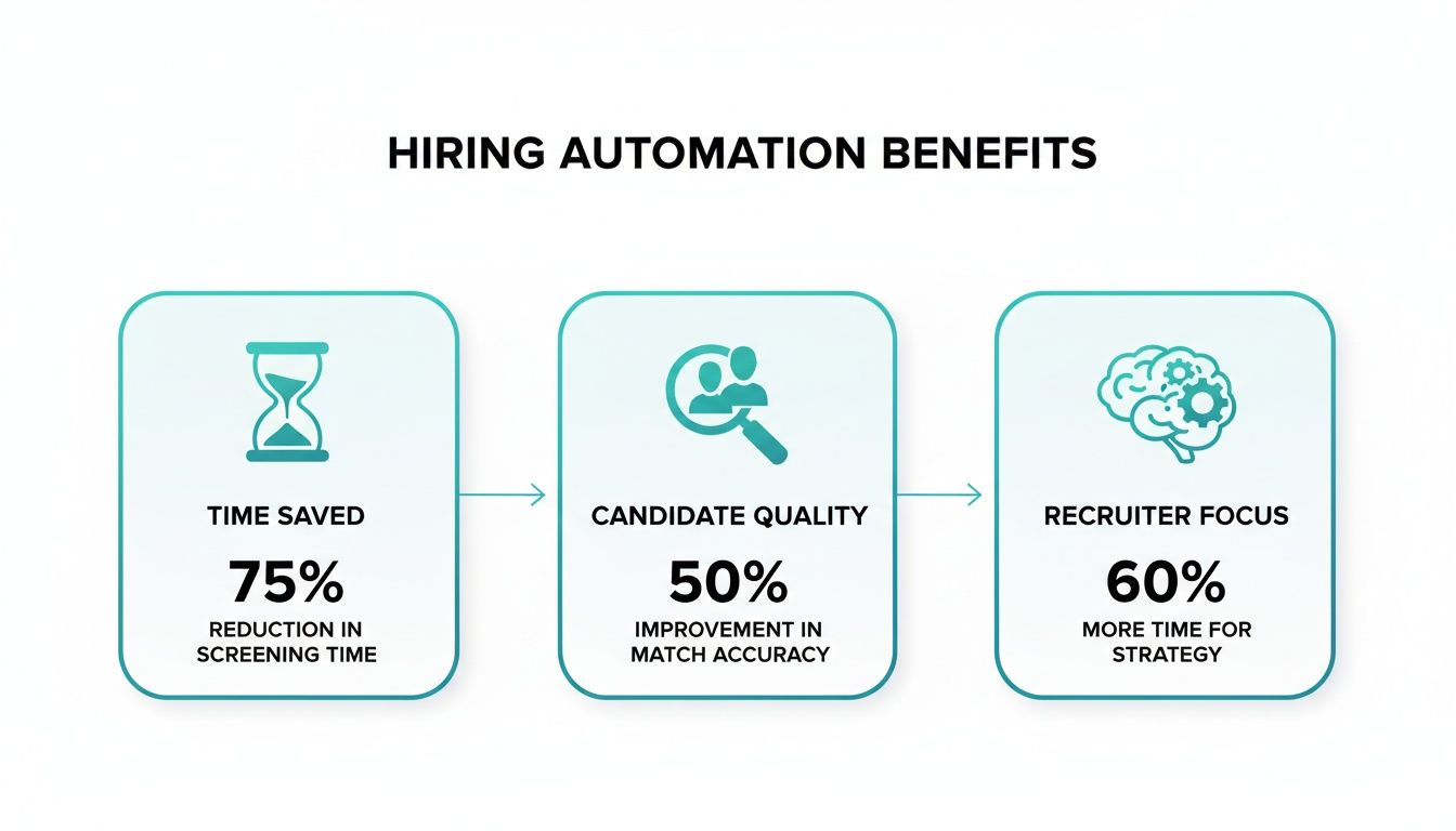 Infographic showing hiring automation benefits: 75% time saved, 50% candidate quality improvement, and 60% more recruiter focus.