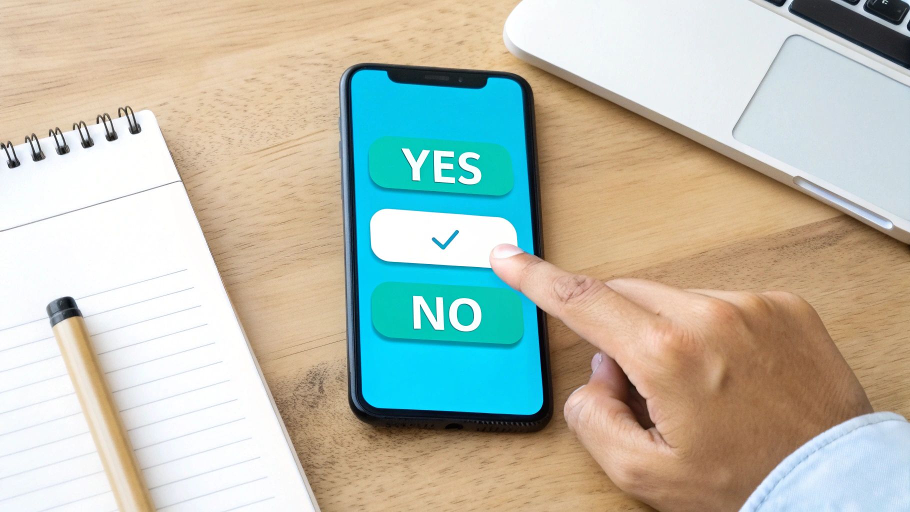 A hand tapping a smartphone screen showing 'YES' and 'NO' options on a wooden desk with a notepad and laptop.