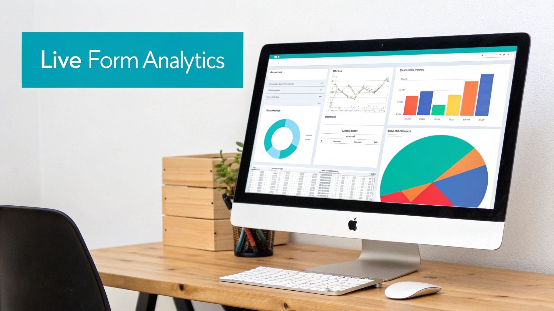 A desktop computer displaying live form analytics on its screen, with charts, graphs, and data on a wooden desk.