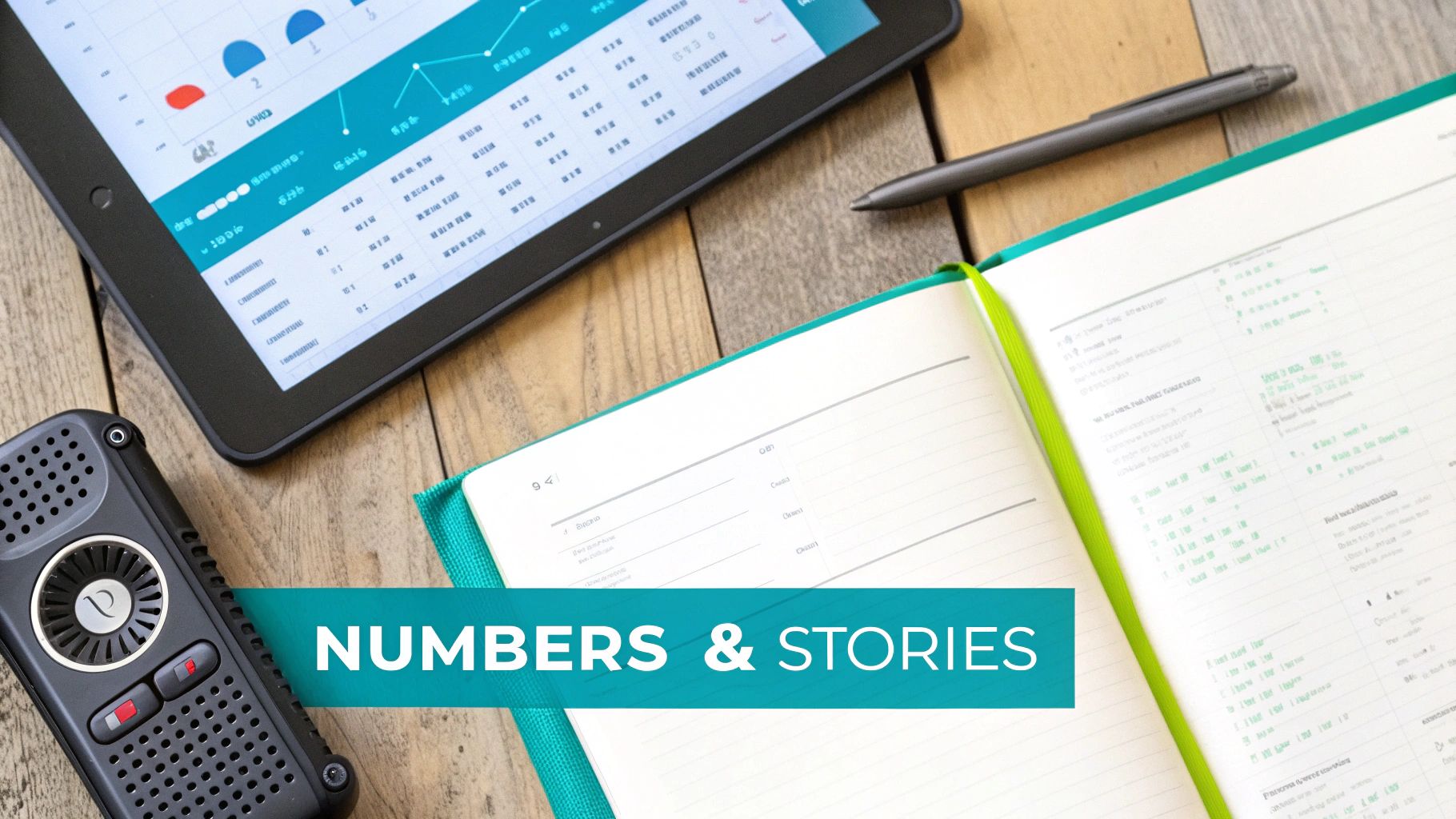 Overhead shot of a workspace with a tablet, open notebook, pen, and voice recorder, highlighting data analysis.