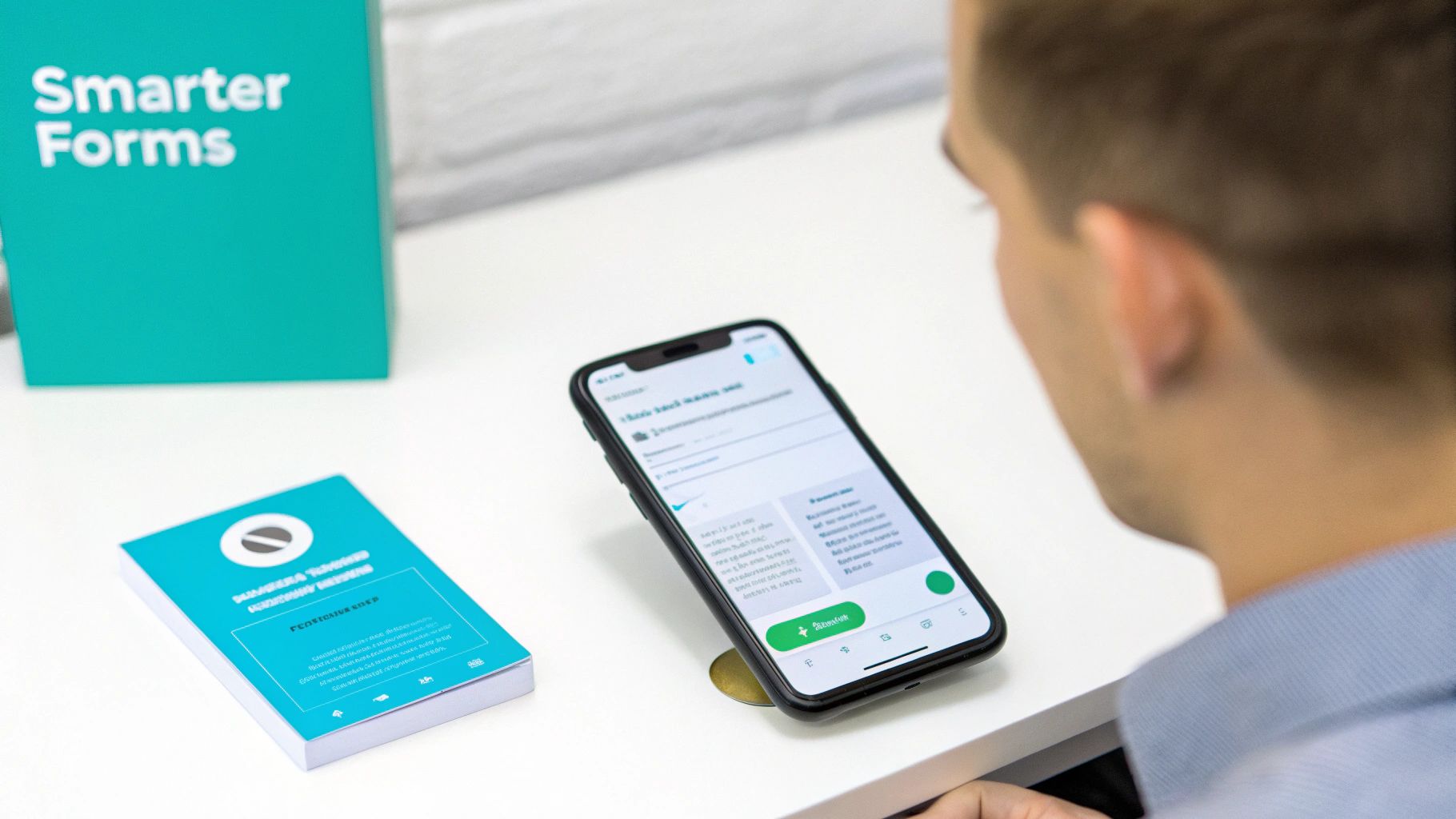 A person views a mobile form on a smartphone, with 'Smarter Forms' branding on a box and cards.