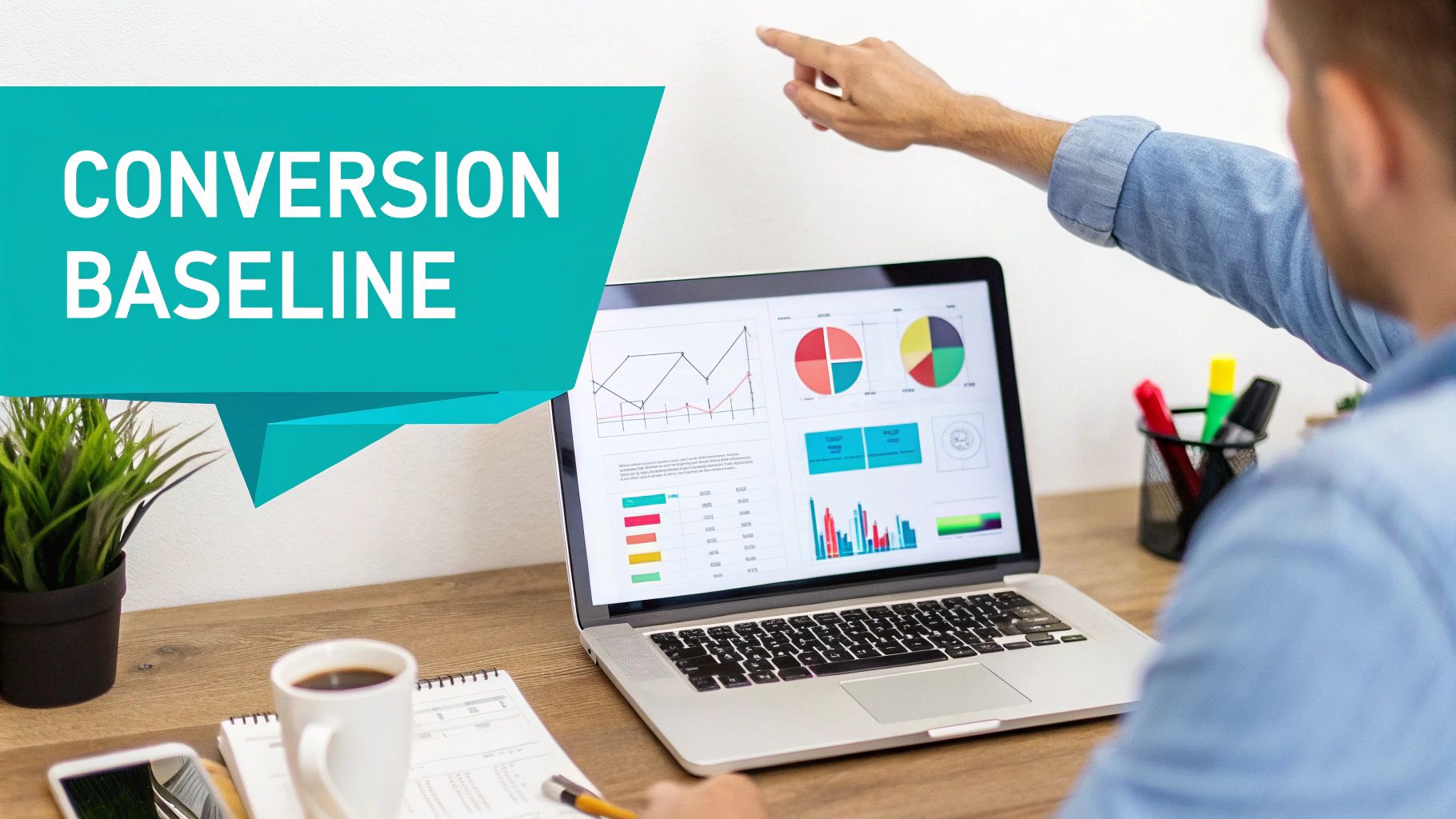 A person analyzes conversion baseline data on a laptop displaying charts and graphs, pointing at the screen.