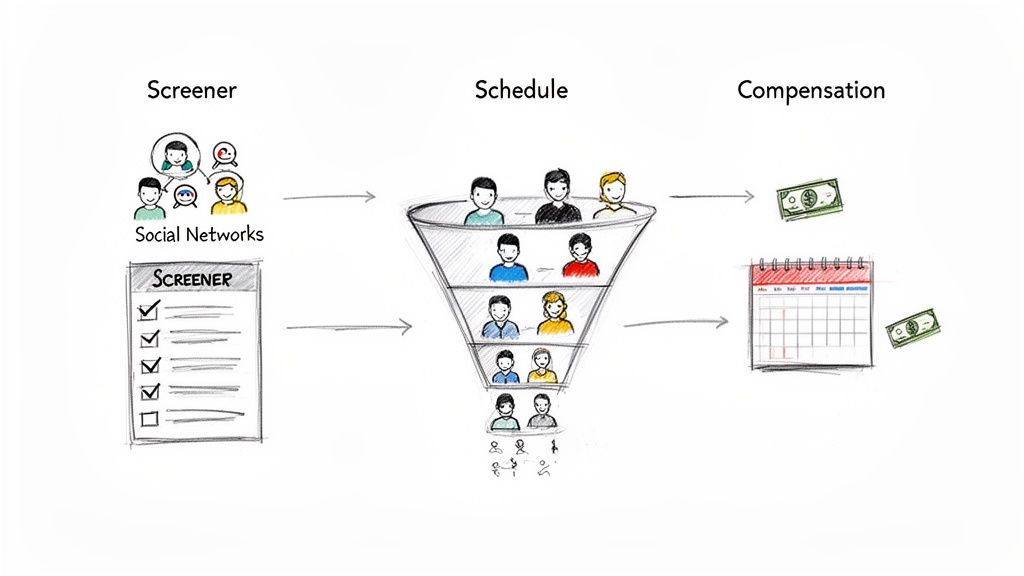 A diagram illustrating the participant recruitment process, including screening, scheduling, and compensation.