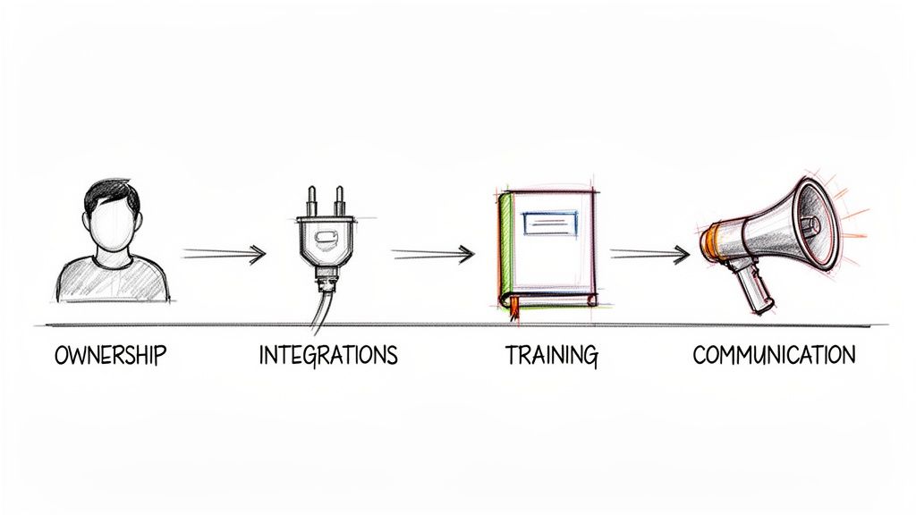 A sketched diagram illustrating a four-step business process flow: ownership, integrations, training, and communication.