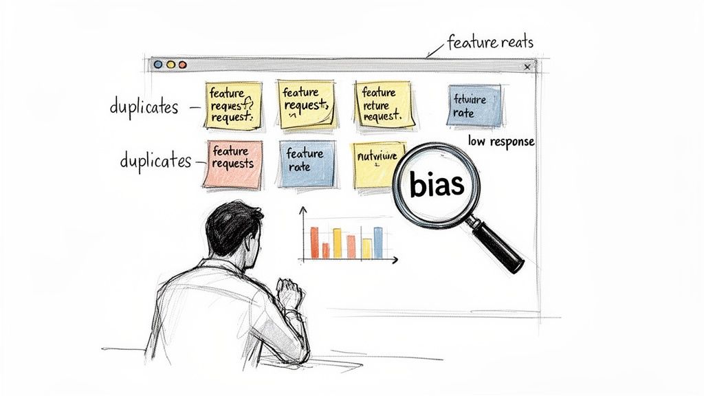A person analyzing customer feedback data on a screen, identifying duplicates and potential bias.