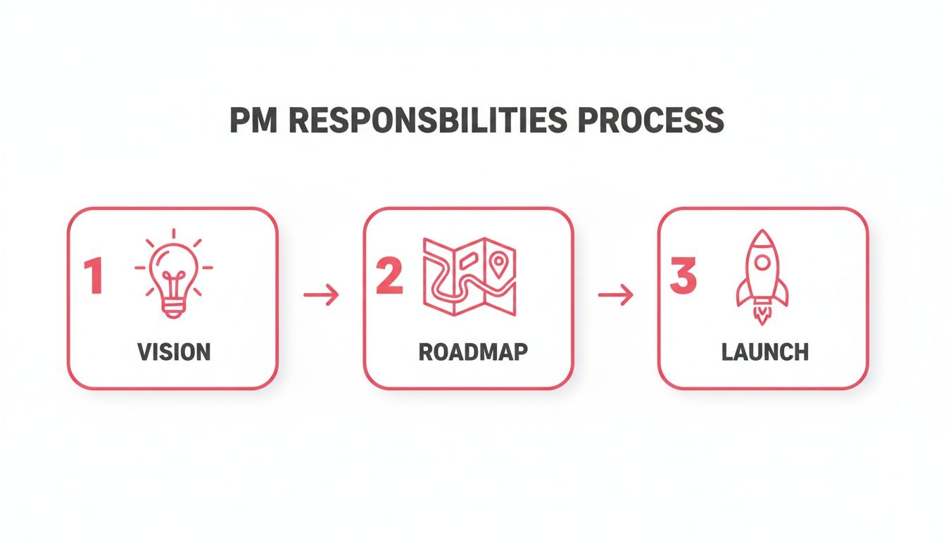 Infographic showing the three-step PM responsibilities process: Vision, Roadmap, and Launch.