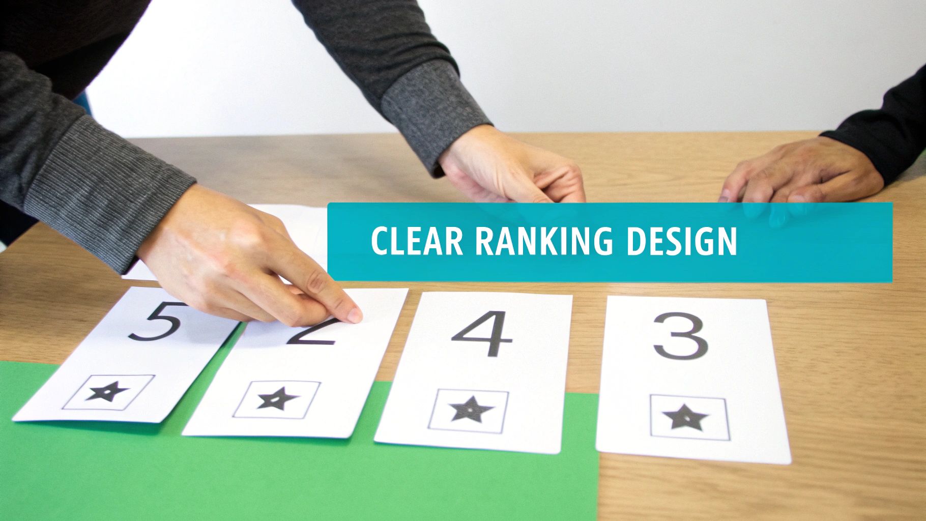 Hands arranging numbered cards with stars on a table, illustrating a clear ranking design concept.