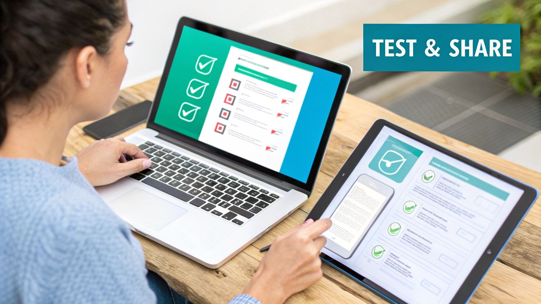 A person testing digital forms on a laptop and tablet, with 'TEST & SHARE' overlay.