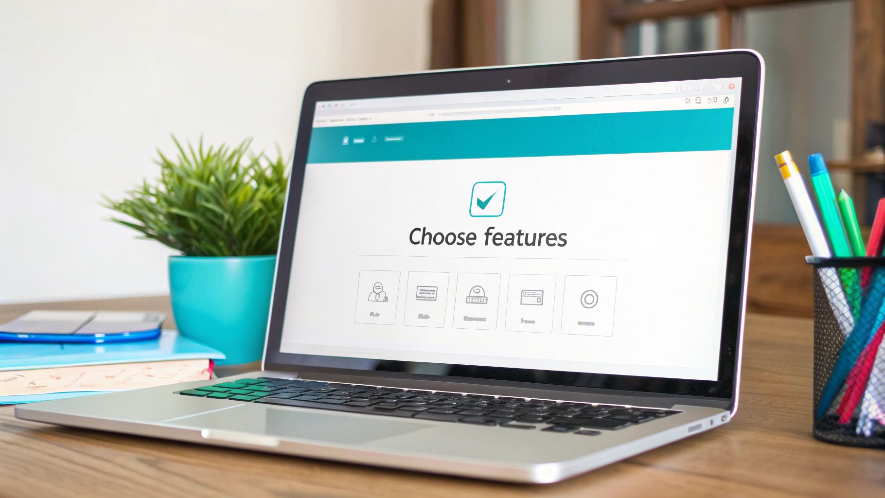 A laptop on a wooden desk displaying an online form to 'Choose features' with various icons and a checkmark.