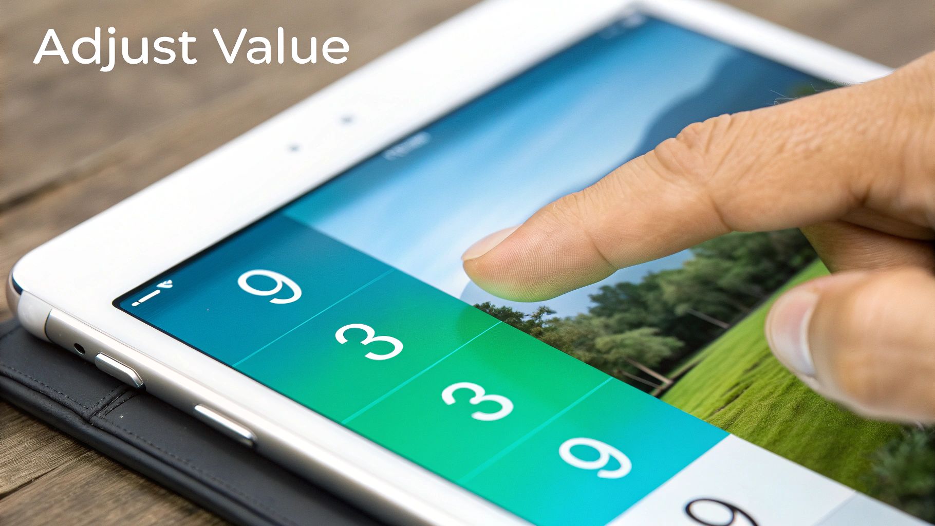 A person's finger touches a white tablet screen displaying numbers and 'Adjust Value' text.