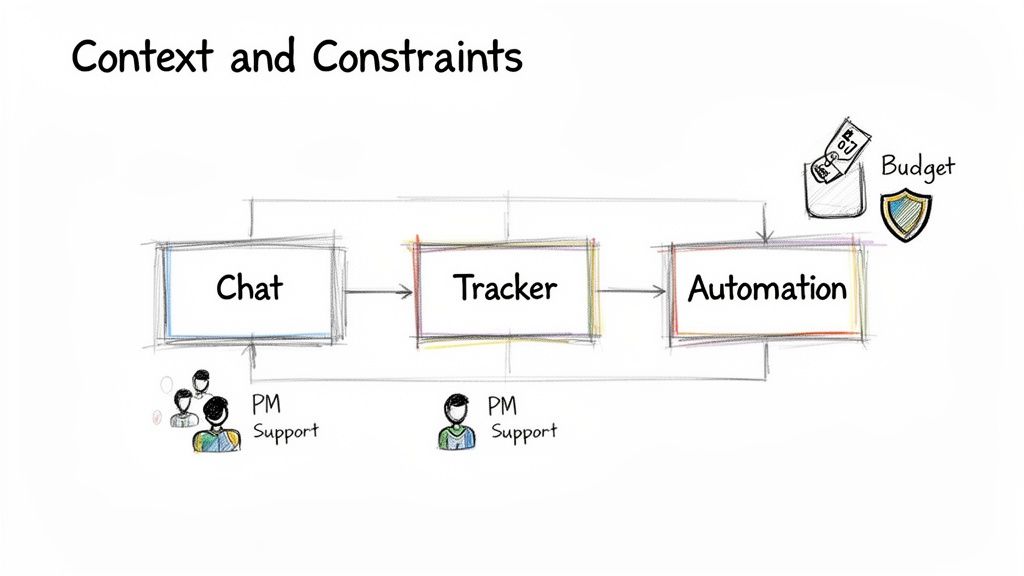 A hand-drawn diagram illustrating a workflow from Chat to Tracker to Automation, with PM Support and Budget constraints.