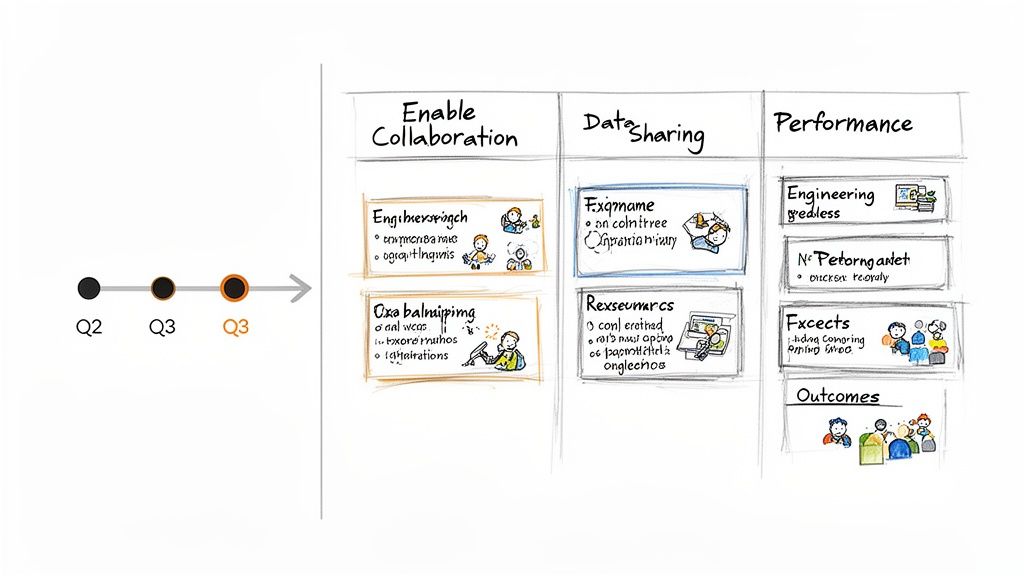 Whiteboard sketch showing a product development roadmap with Q2, Q3 milestones and strategic categories.