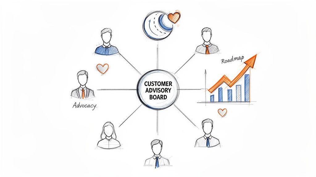 Sketch illustration showing a Customer Advisory Board connected to people, advocacy, roadmap, and customer experience.
