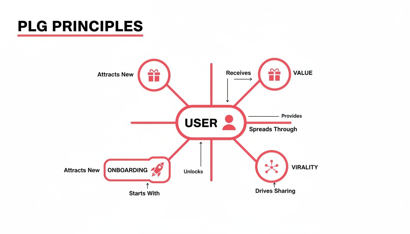 Diagram illustrating product-led growth (PLG) principles centered around user, value, onboarding, and virality.