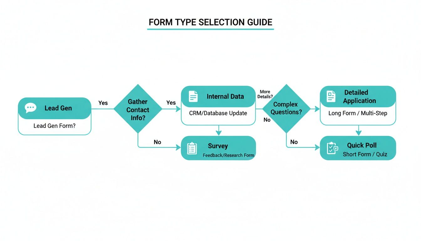 Flowchart guiding the selection of form types based on contact info and question complexity.