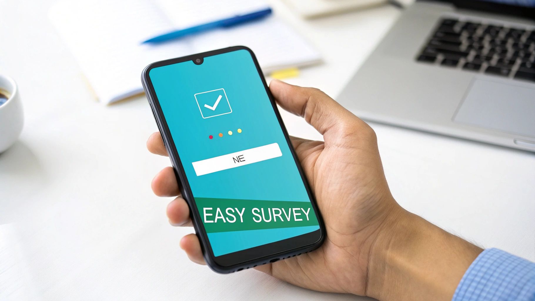 Close-up of a hand holding a smartphone showing an 'Easy Survey' application screen.