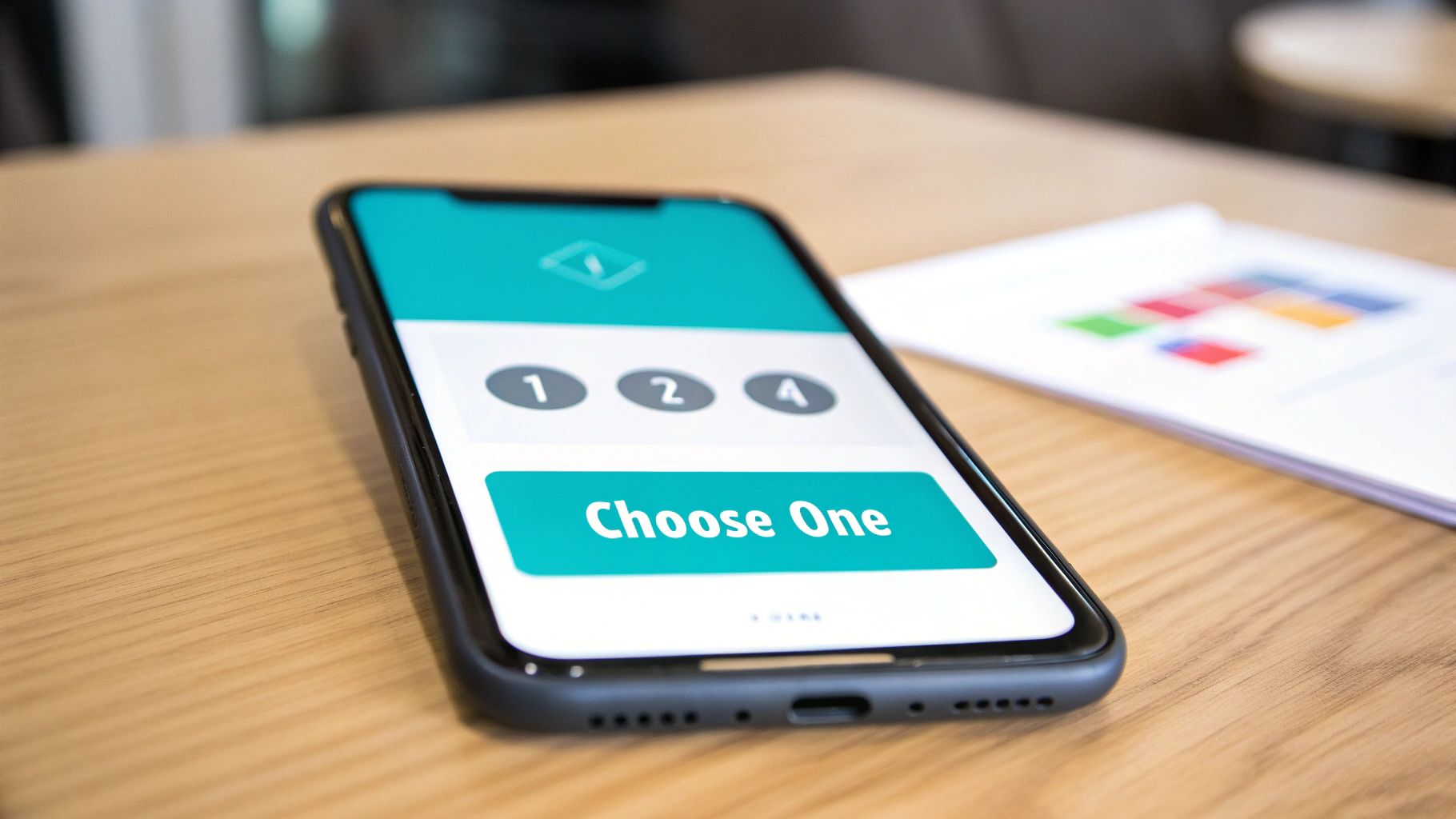 Smartphone displaying a survey app with a 'Choose One' button and numbered options '1', '2', '4' on a wooden table.