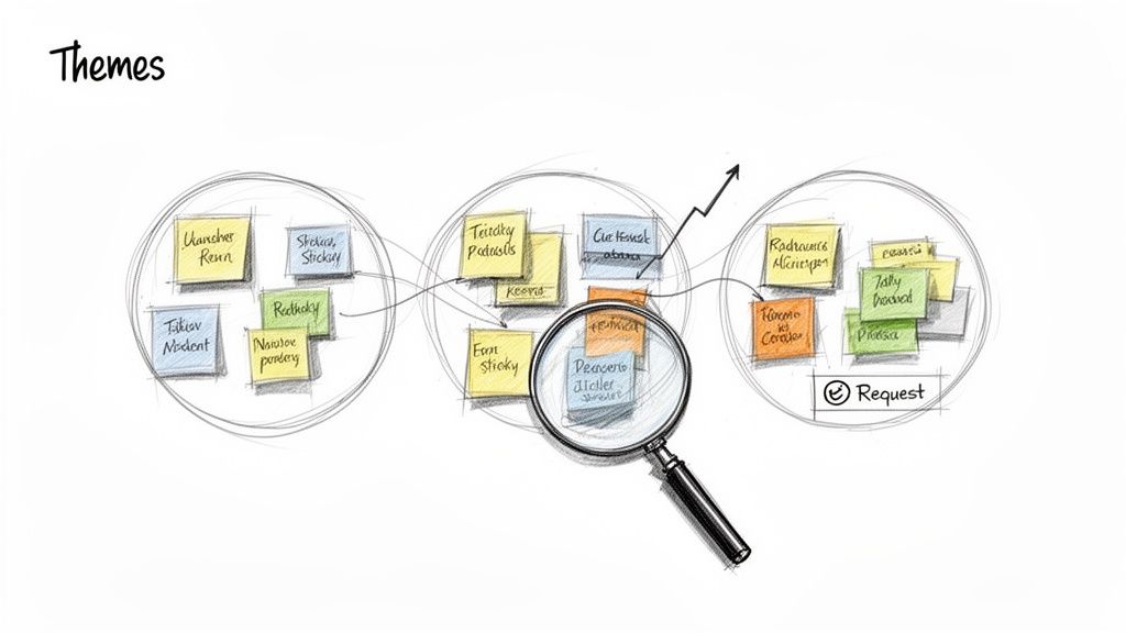 Sketch of product roadmap themes with sticky notes, connected circles, and a magnifying glass.