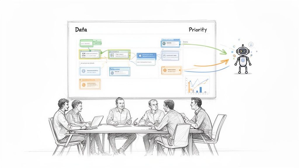 Five men discuss a data and priority workflow diagram leading to a robot automation.