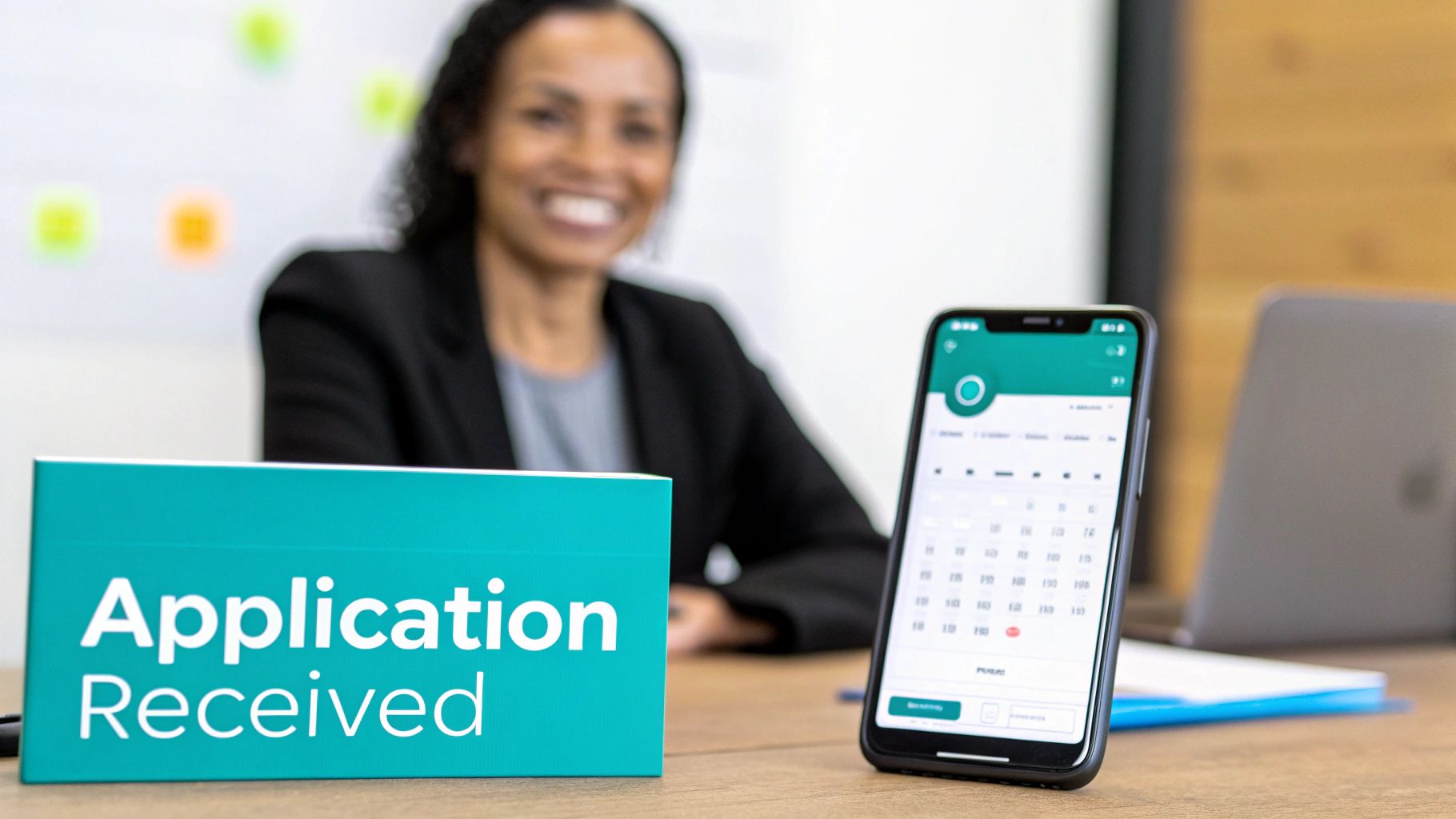 A smiling woman in a professional setting behind an 'Application Received' sign and a smartphone displaying a calendar.
