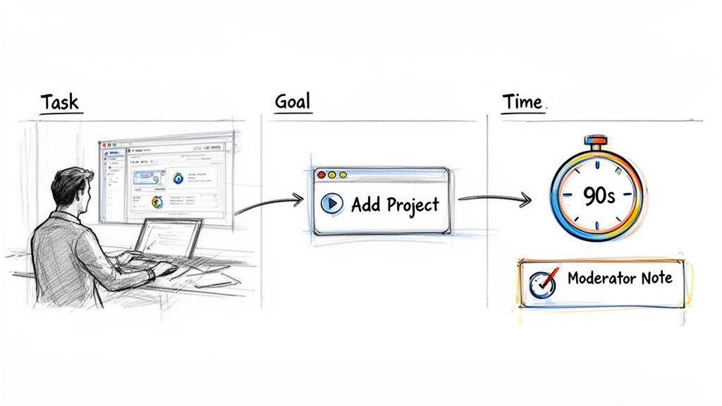 Usability testing framework with task, goal (add project), and time (90s) components.