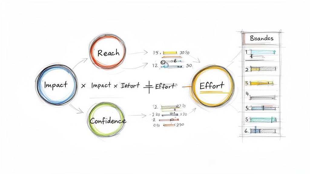 A diagram illustrating a prioritization framework showing Impact, Reach, Confidence, Effort, and a prioritized list.